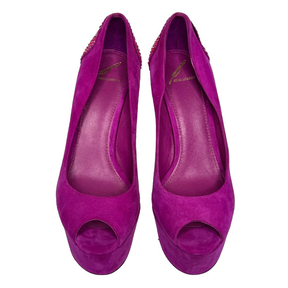 Brian Atwood Baccina Heel Womens 9 Purple Suede Crystal Peep Toe Platform Pump - Picture 2 of 10